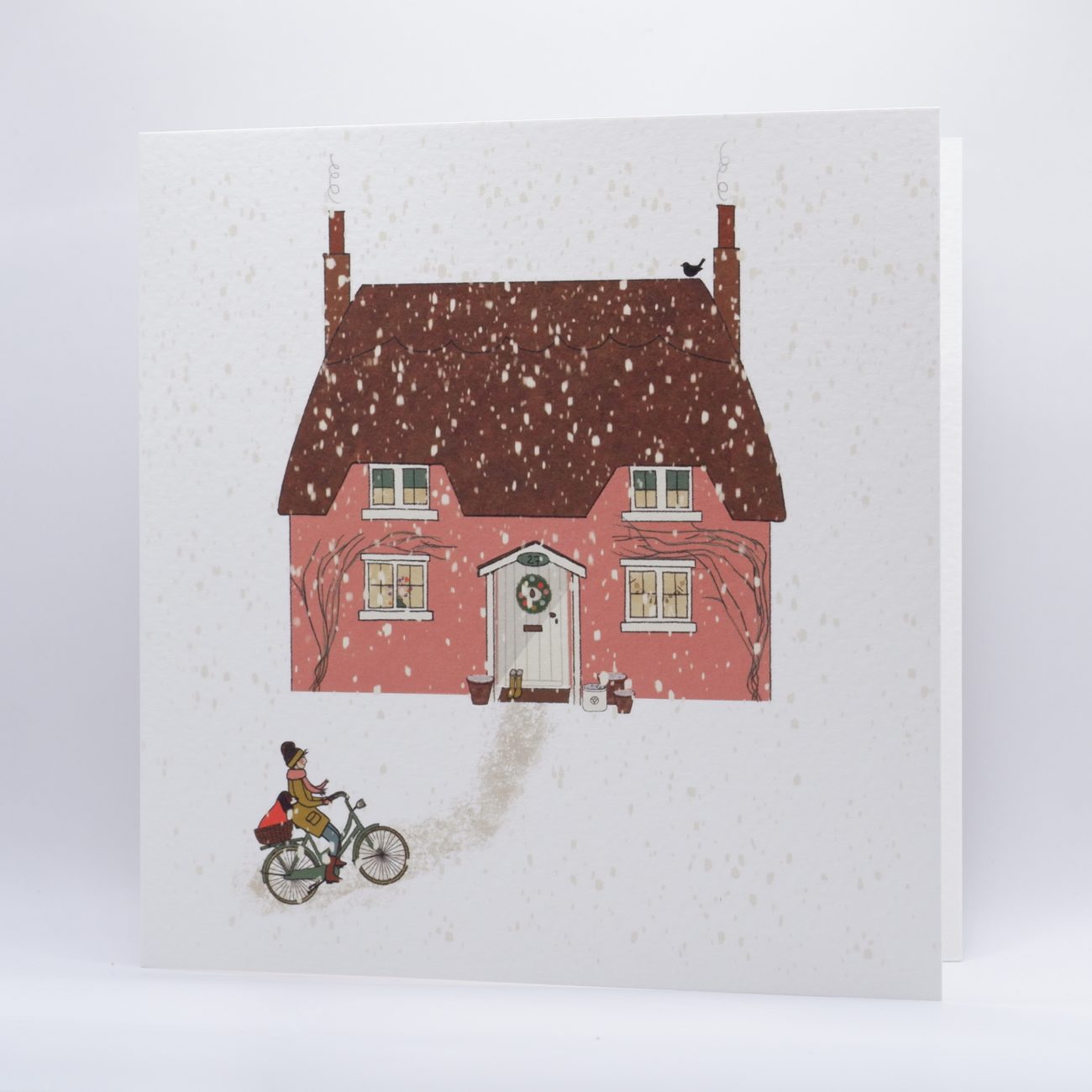 wenskaart-seizoenen-winter-kerst-cottage-huis-roze-slow-living-klein-geluk-Engeland-hond-fiets-pastel