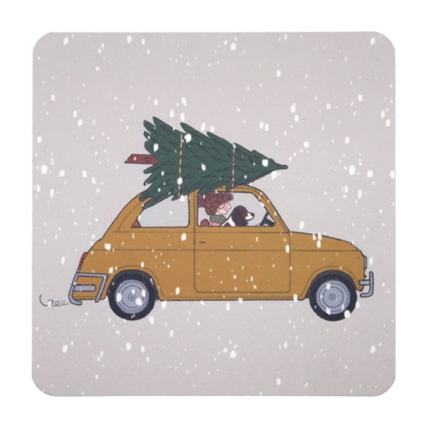 kerstkaart - kerstpost - hand geïllustreerde kaart - hip - leuk - luxe - originele - warme kleuren - auto met kerstboom - fiat500 - oldtimer - hond