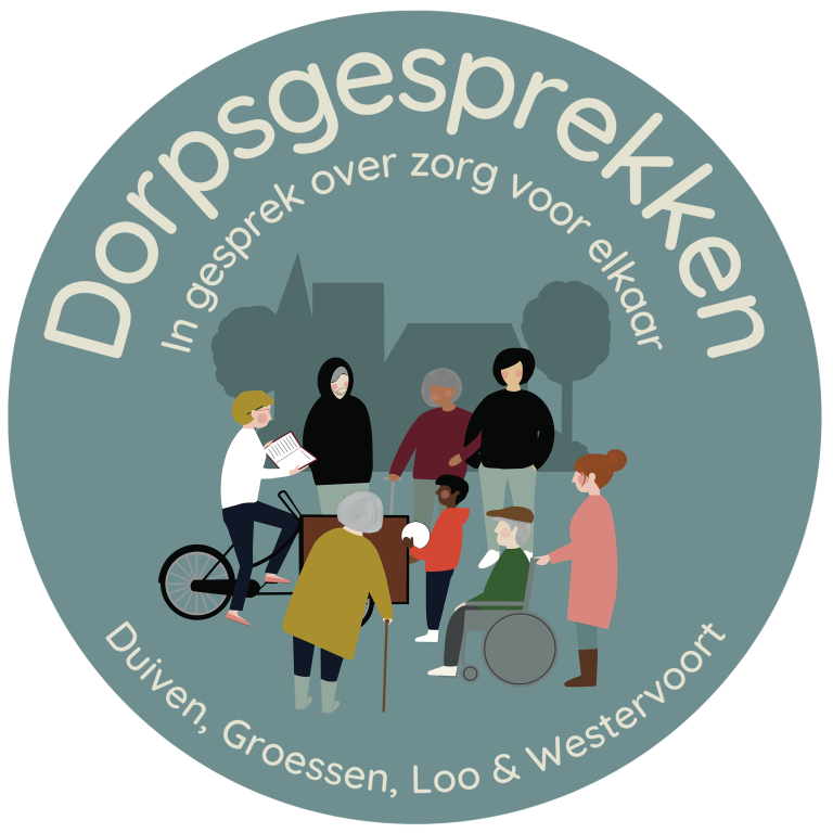 kleurrijk geïllustreerd logo op maat voor project dorpsgesprekken met verschillende mensen en dorpssilhouet er in.
