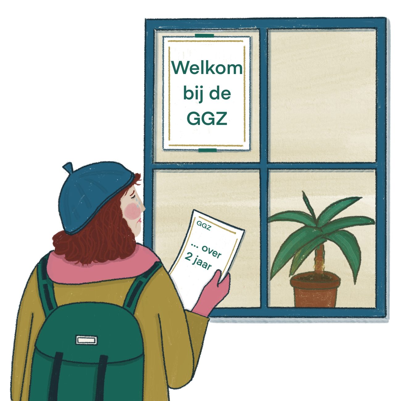 kleurrijke illustratie van een vrouw met een brief in haar hand die verdrietig is en huilt. Ze staat op de wachtlijst van de GGZ en de wachttijd is heel lang.