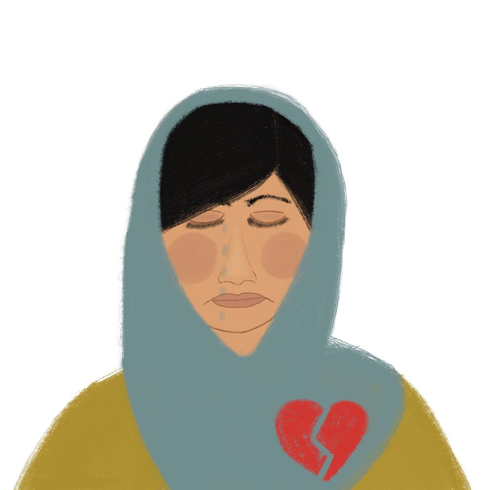 Kleurrijke illustratie van een moslim vrouw die een gebroken hart heeft en verdrietig is